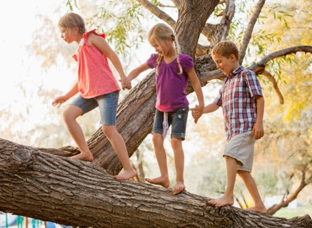 Three kids (4-5, 6-7) balancing on tree branch and walking together holding hands
