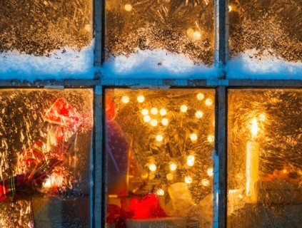 Window with Christmas lights.