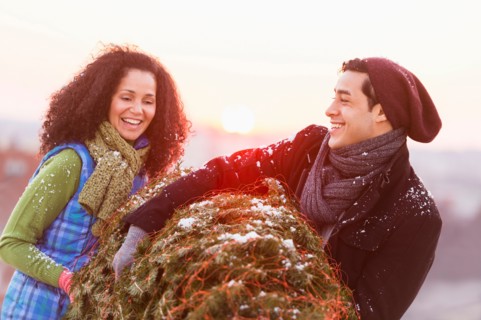 Couple carrying christmas tree.