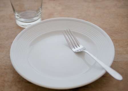 White plate with fork and glass
