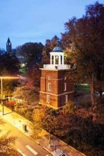 Elevated view of clock tower at evening