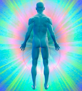 Digitally generated image of human representation on colored background