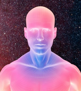 Digitally generated male figure against starry background