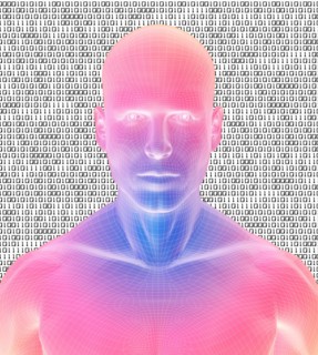 Digitally generated male figure against binary code background