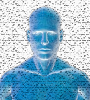 Digitally generated male figure against puzzle background