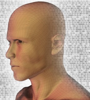 Digitally generated male profile against binary code background