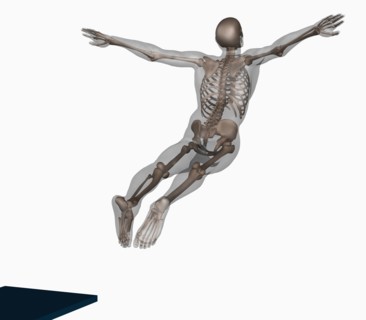 Human skeleton jumping off trampoline on white background