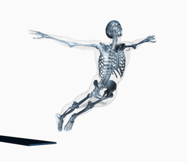 Human skeleton jumping off trampoline on white background