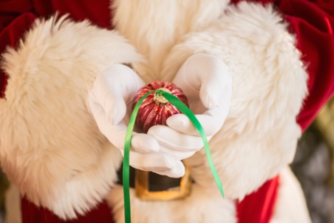 Santa claus holding gift.
