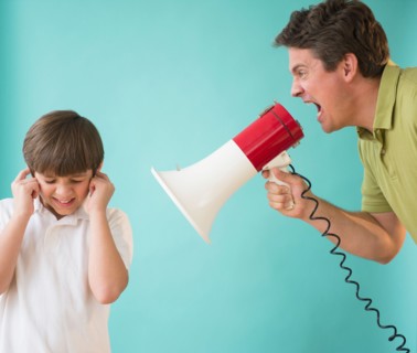 Father with megaphone yelling at son (8-9)