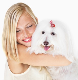 Studio Shot, Portrait of young woman holding dog
