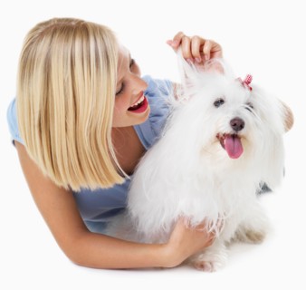 Studio Shot, Portrait of young woman stroking her dog