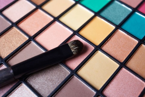 Make-up brush on eye shadow palette, studio shot