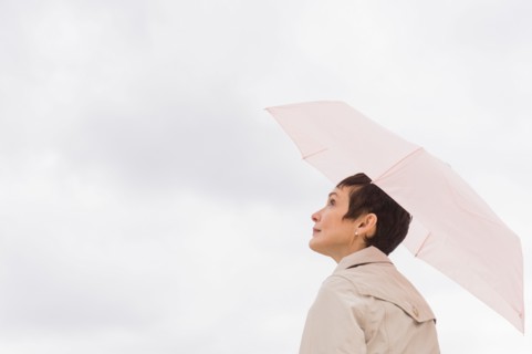 Woman wearing raincoat and holding umbrella.