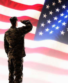 Army soldier saluting in front of American flag.