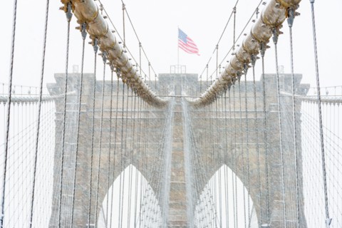 Brooklyn Bridge in winter. USA, New York State, New York.