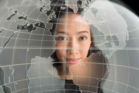 Digital portrait of young woman on world map.