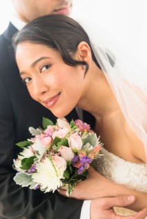 Portrait of happy newlywed couple.