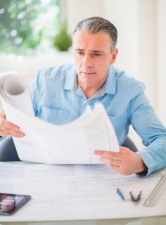 Portrait of man looking at blueprints in office