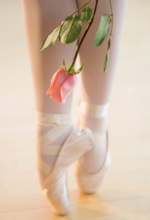 Low section of ballet dancer (16-17) tiptoing next to rose