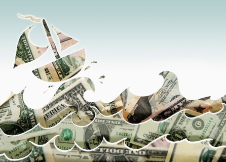 Boat on heavy waves made of paper currency