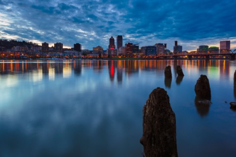 View of city at sunset