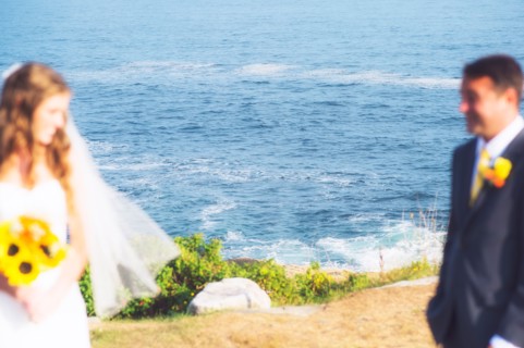 Bride and groom looking at each other