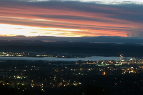 Aerial view of downtown during sunset