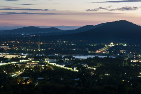 Aerial view of downtown during sunset