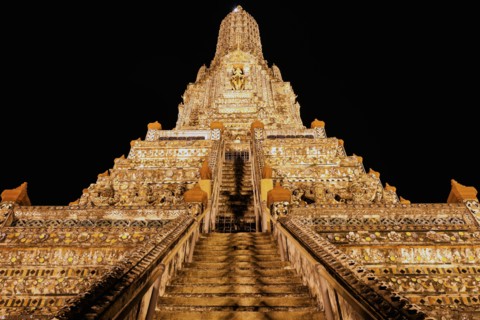 Facade of Wat Arun Temple at night