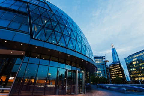 Office building complex at sunset