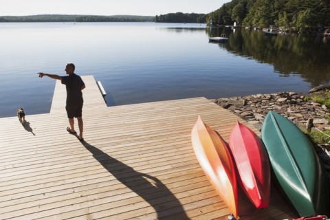 Rear view of man standing on jetty pointing at something. USA, New York State, Wurtsboro.
Photo :