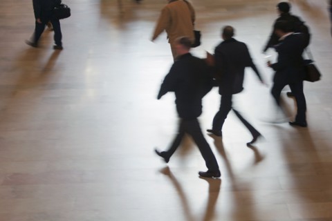 High angle view of people walking at Grand Central Station. USA, New York State, New York City