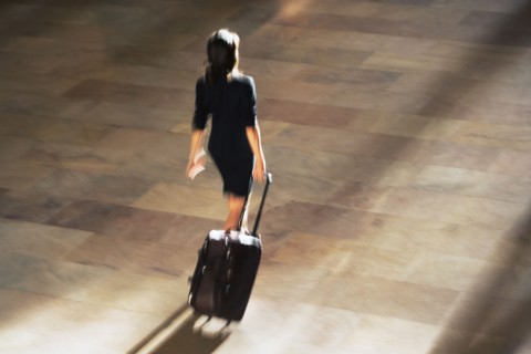High angle view of woman walking at Grand Central Station. USA, New York State, New York City