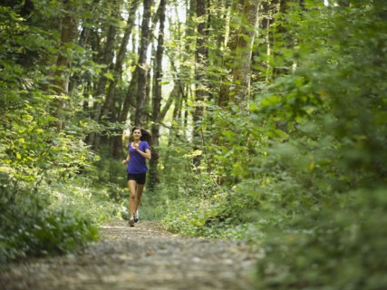 Young women jogging in forest. USA, Oregon, Portland.