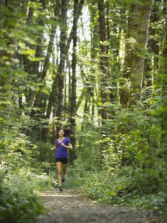 Young women jogging in forest. USA, Oregon, Portland.
