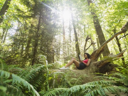 Young woman reading book on log in forest. USA, Oregon, Portland.