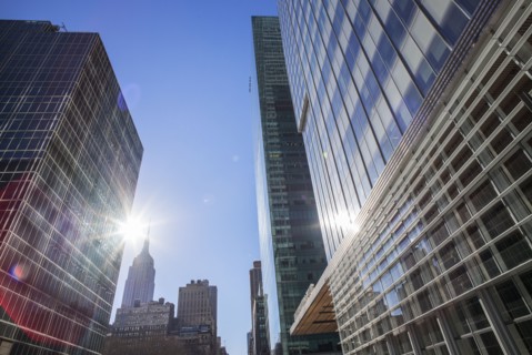 Skyscrapers with solar flare. New York City, USA.