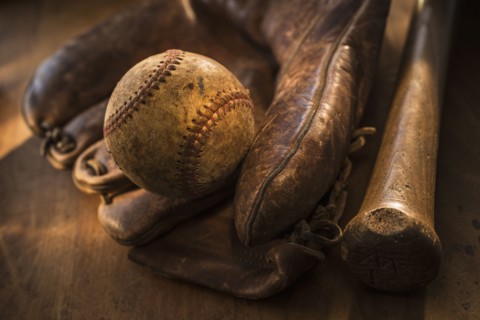 Antique baseball, glove and bat.