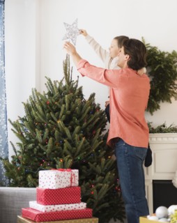 Man with kid (6-7) decorating Christmas tree.
Photo : Daniel Grill