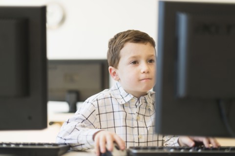 boy (6-7) using computer.