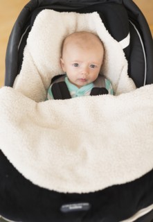Portrait of baby boy (2-5 months) sitting in stroller.