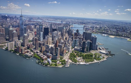 Aerial view of Manhattan and New York City skyline.