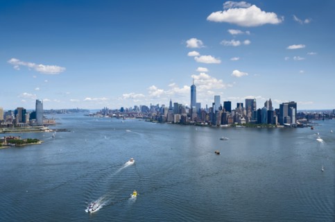 Aerial view of Manhattan and New York City skyline.