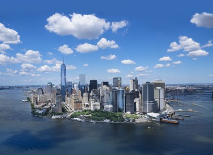 Aerial view of Manhattan and New York City skyline.