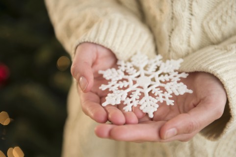 Studio Shot of snowflake on female's hands.
Photo : Jamie Grill
