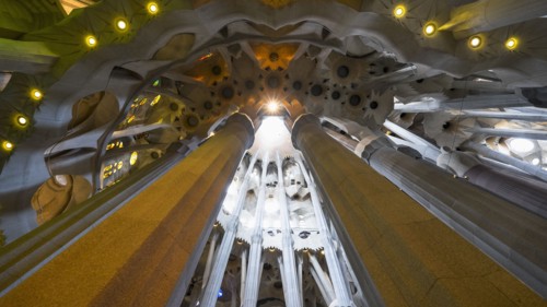 Interior of Sagrada Familia Church by Antonio Gaudi. Barcelona, Spain.