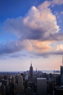 City skyline at dusk. New York City, New York.
