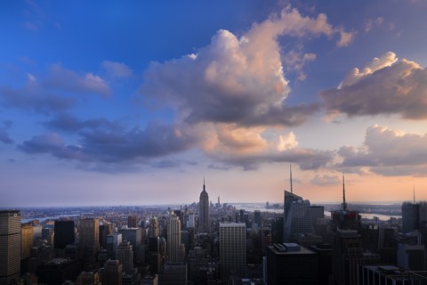 City skyline at dusk. New York City, New York.