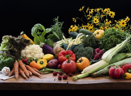 Still life with various vegetables and flowers.